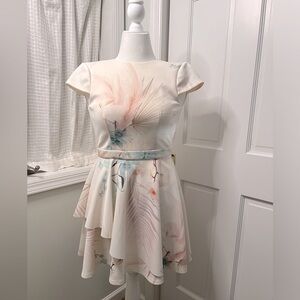 TED BAKER IVORY WHITE FIT AND FLARE WATERCOLOR FLORAL DRESS SIZE 0